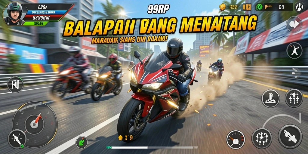 Tampilan gameplay balapan motor yang mendebarkan di 99RP.