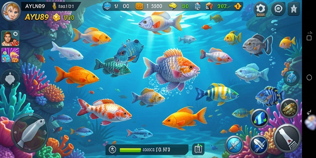 Tampilan gameplay AYU89 dengan ikan berwarna-warni dan tantangan menarik.
