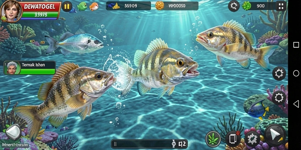 Screenshot gameplay DEWATOGEL menembak ikan di lautan.