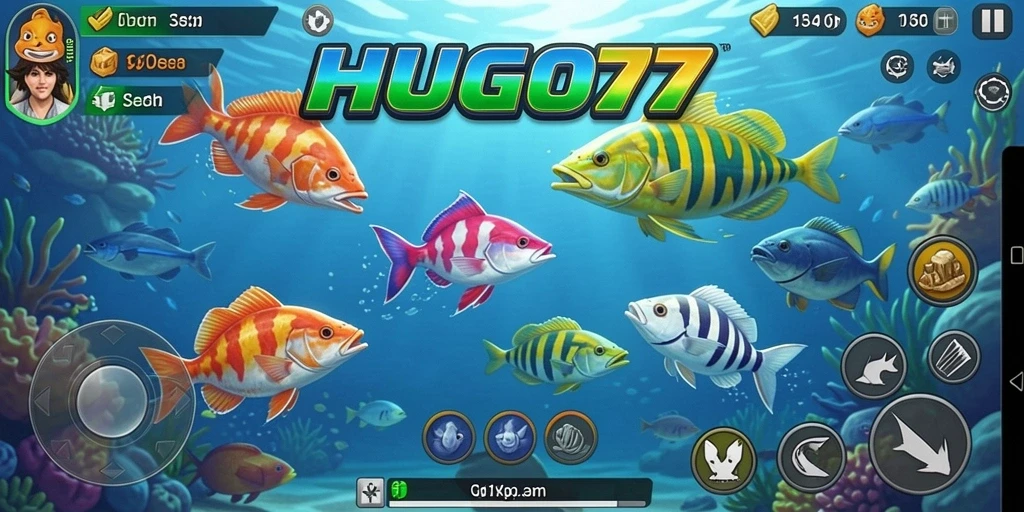 Gameplay seru HUGO77 dengan warna-warni ikan di laut.