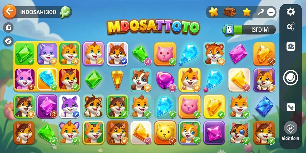 Tampilan gameplay seru dari INDOSATTOTO dengan elemen match-3 yang berwarna-warni.