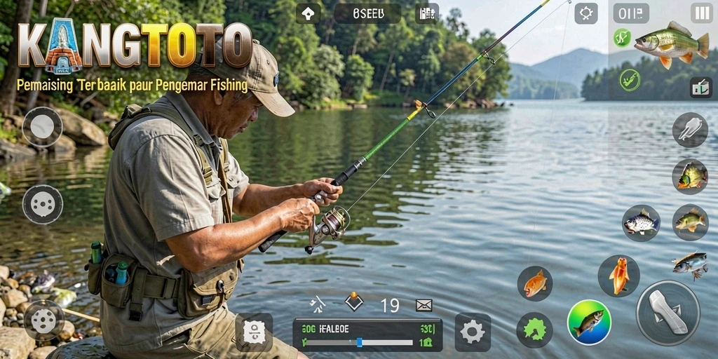 Screenshot gameplay KANGTOTO dengan aksi memancing yang menegangkan.