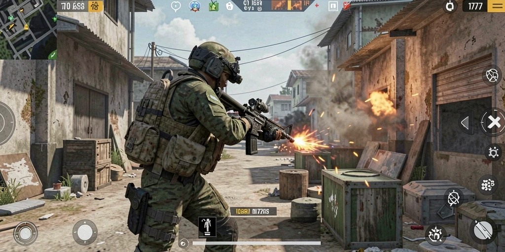 Tangkapan layar dari gameplay L777 menampilkan aksi pertempuran intens di medan perang.
