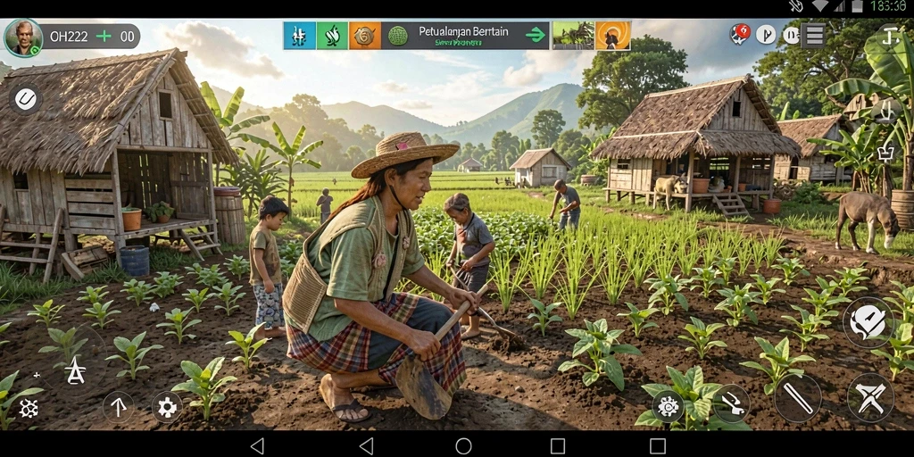 Screenshot permainan OH222 menampilkan keseruan bertani di ladang yang subur.