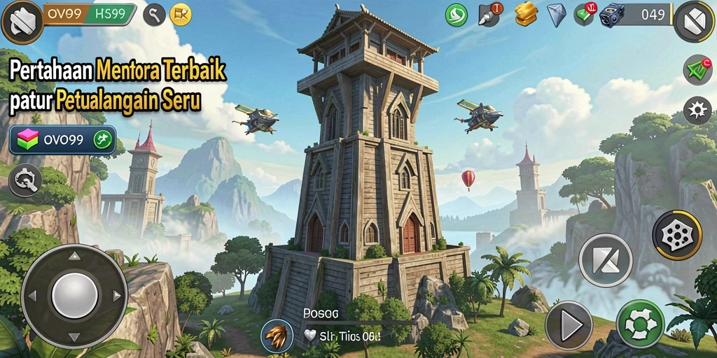 Screenshot OVO99 menampilkan aksi mempertahankan menara yang mendebarkan.