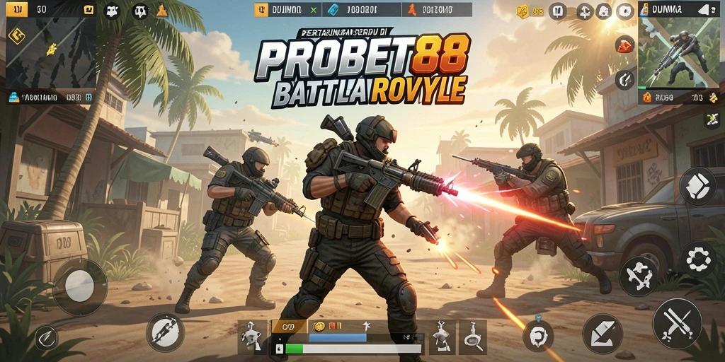 Screenshot PROBET88 menampilkan pertarungan seru di arena Battle Royale.