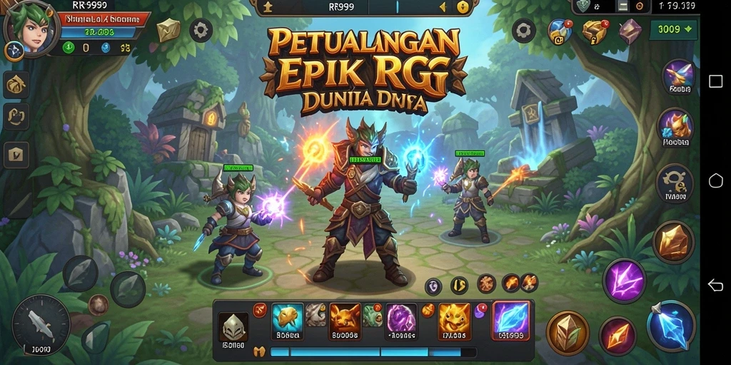 Screenshot utama RR999 menampilkan aksi pertarungan yang mendebarkan di dunia RPG.