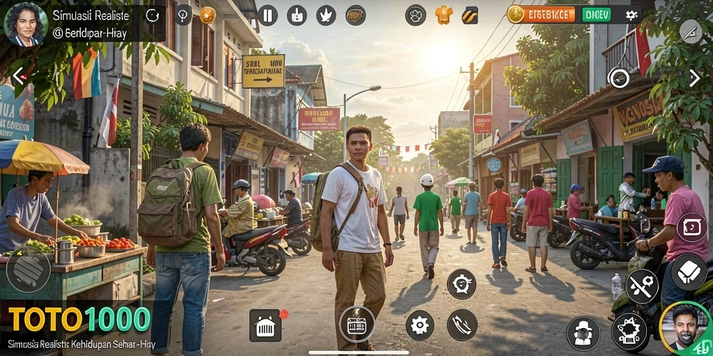 Screenshot gameplay TOTO1000 yang menunjukkan aksi karakter dalam simulasi sehari-hari.